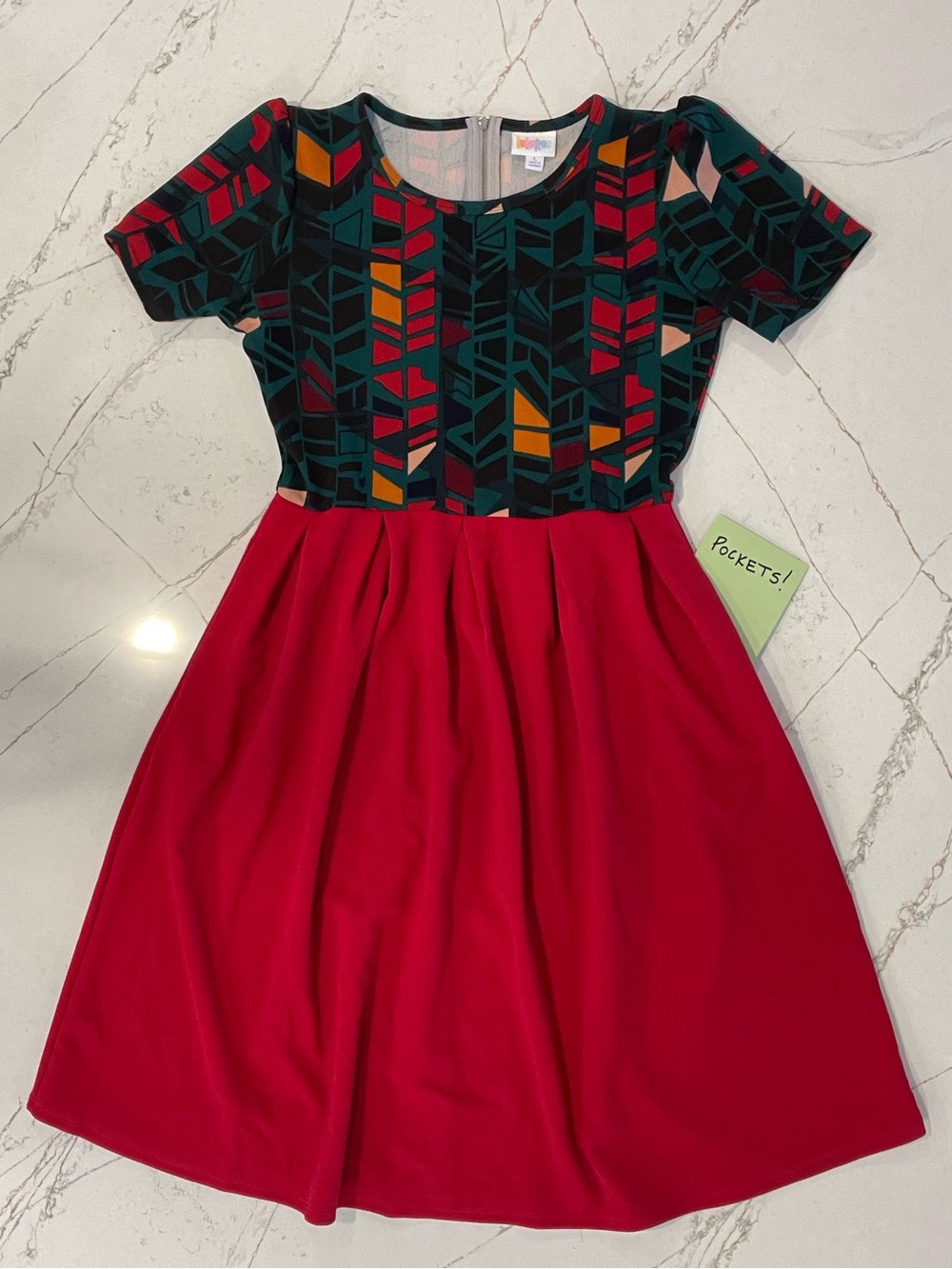 LuLaRoe Amelia Geometric Fit & Flare Dress Red Green Pockets L